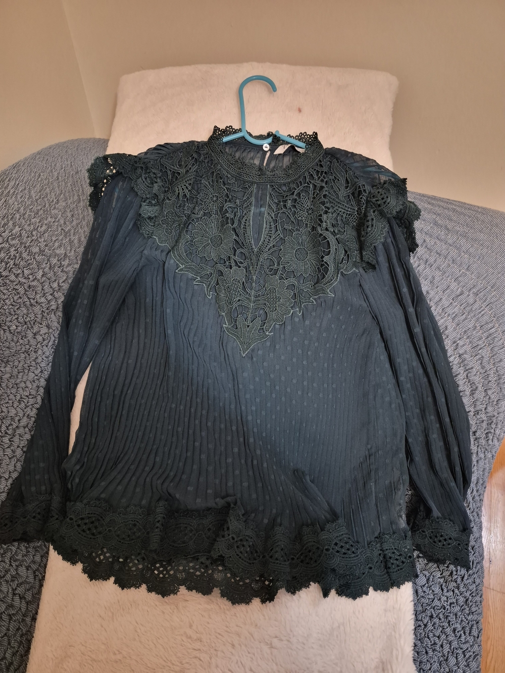 Elegant Dark Teal Lace Yoke Blouse - Women Tops - Picture 11 of 11